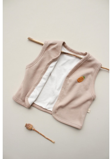 Ananas Nakışlı Çift Taraflı Yelek Vizon