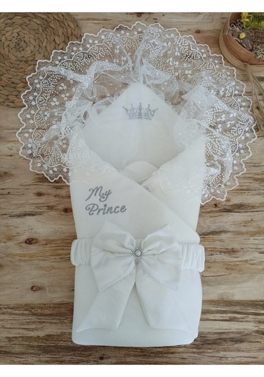 Ekru Erkek Bebek Battaniyesi Dantelli Mevlütlük Hastane Çıkışı Yenidoğan %100 Pamuklu Hediyelik Ekru