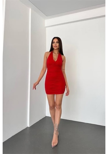 Dip Moda Kadın Boyundan Bağlama Detaylı Mini Elbise Dpnbdf033 Kırmızı