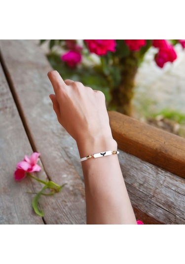 Archin Kartal Temalı Dikdörtgen Figürlü Beyaz Örgülü 14 Ayar Altın Plakalı Hediye Bileklik-413sembol Kartal