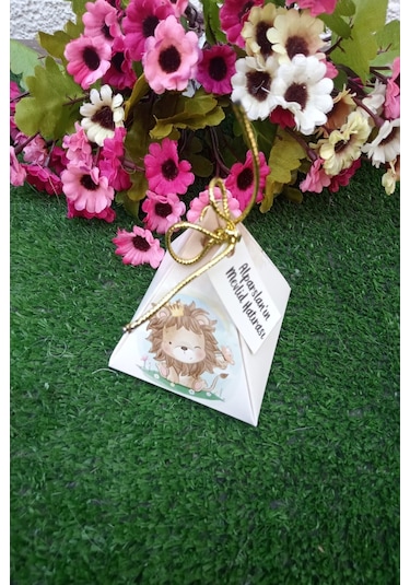 30 Adet Gold İpli Sevimli Aslan Piramit Kutu - Lokum Kutusu -