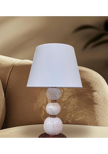 Üç Toplu Abajur Krem Çinili Krem Şapkalı Beyaz