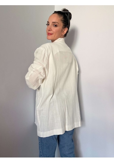 Ekru Oversize Keten Ceket Ekru