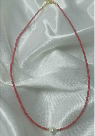 24k Altın Kaplama Gerçek Tek İnci Kum Boncuklu Trend Kolye Kırmız Çok Renkli