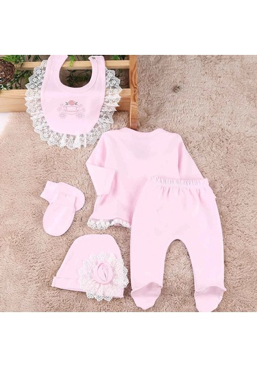 Çiçekli Araba Nakışlı Dantelli 5'li Kız Bebek Hastane Çıkışı 0-3 Ay Pembe Pembe