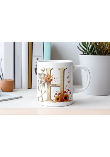 H Harfi Pembe Kareli Kalpli Göz Emojili Kupa Bardak Eğlenceli Kareli Tasarım Kahve Çay Kupası Beyaz