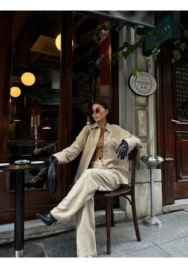Süet Gömlek Palazzo Pantolon İkili Takım - Bej Bej