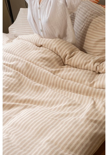 Vivamaison Çizgili Keten Tek Kişilik Nevresim + Yastık Sütlü Kahverengi