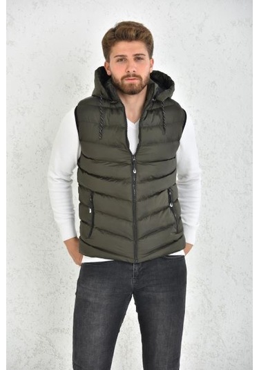 Erkek Haki Jel Dolgu Çıkarılabilir Fermuarlı Kapüşon Şişme Yelek