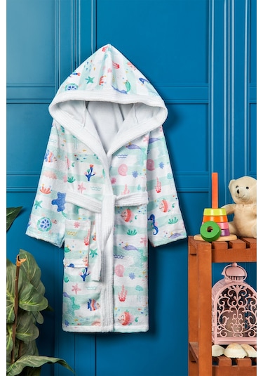 Underwater Dijital Baskılı Çocuk Bornozu Açık Yeşil