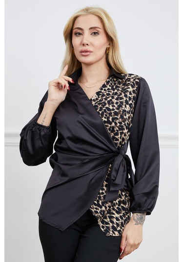 Dparis Leopar Garnili Anvelop Saten Gömlek