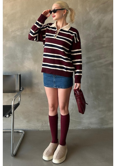 Madmext Bordo Çizgili Düğmeli Polo Yaka Kadın Triko Kazak Mg2280 Bordo
