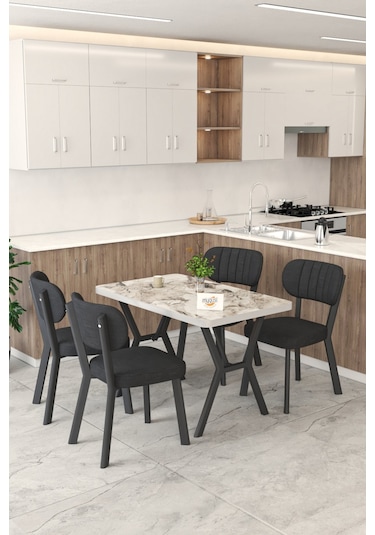 Gnr 70x110cm Sabit Efes Mutfak Masası Takımı, Yemek Masası, 4 Modern Siyah Sandalye Siyah