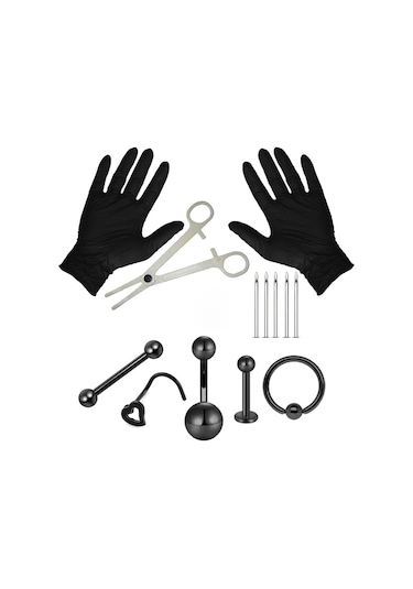 Mufunye Piercing Seti, Aletler Dahil Kombinasyon Paketi, Siyah