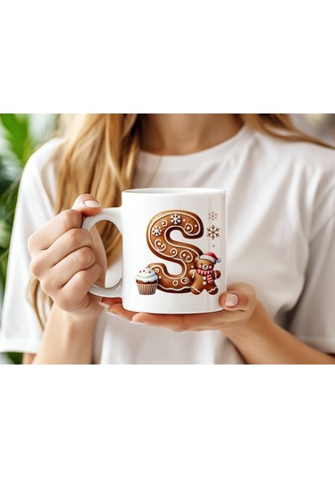 S Kurabiye Harf Ve Ayıcık Detaylı Kupa Bardak - Yeni Yıl / Yılbaşı Temalı Tasarım - Noel Hediye Beyaz