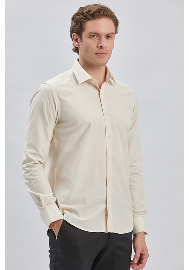 Bej Uzun Kollu Bez Ayağı Sert Yaka Cepsiz Pamuklu Klasik Slim Fit Dar Kesim Gömlek 1004240230 Bej