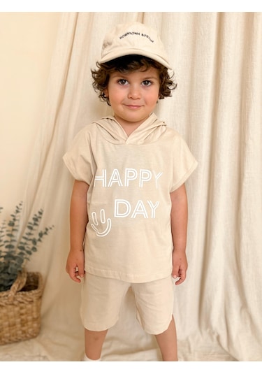 Kapüşonlu Yazlık Baskılı Takım 2404kpsnyzlyk Bej