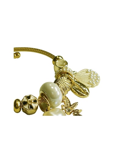 Uzel Sarı Gold Model Incili Deniz Kabuğu Charmlı Çelik Bileklik Beyaz