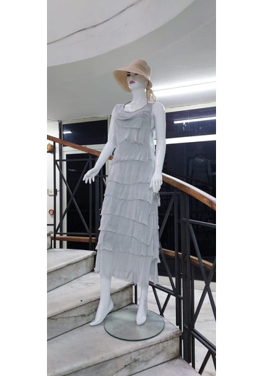 Italyan 2 Beden İnce Gösteren Kat Kat Kolsuz Ipek Elbise-8769 Taş Rengi