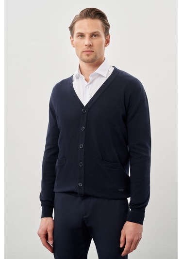 Koyu Lacivert Uzun Kol Örme V Yaka Comfort Fit Rahat Kesim Klasik Triko Koyu Lacivert