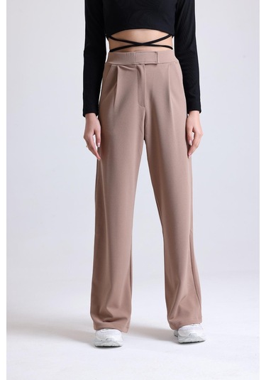 Kadın Wide Leg Likralı Cırt Kapamalı Lastikli Palazzo Pantolon - Kahverengi