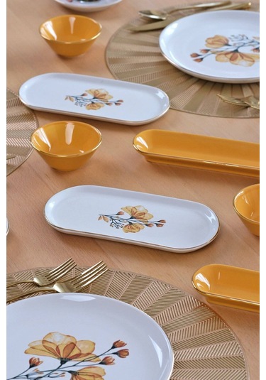 Asya Lizy Hardal Altın Yaldızlı 32 Parça 6 Kişilik Seramik Kahvaltı Takımı Desenli