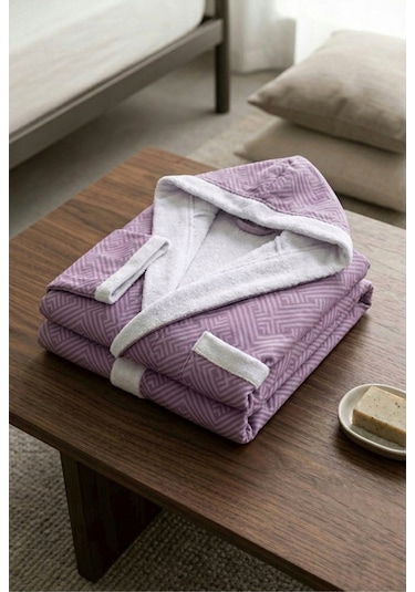 Indigo Peak Pamuklu Desenli Kapüşonlu Bornoz Pembe - Mor