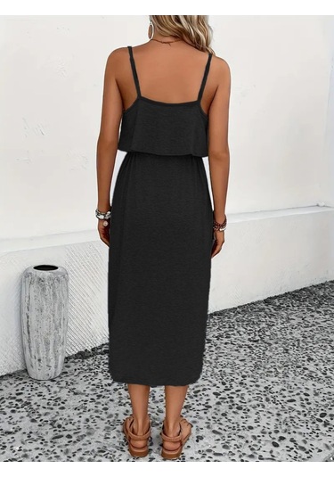 Kadın Askılı V Yakalı Viskon Bluz Ve Bağcıklı Etek Ikili Takım Siyah