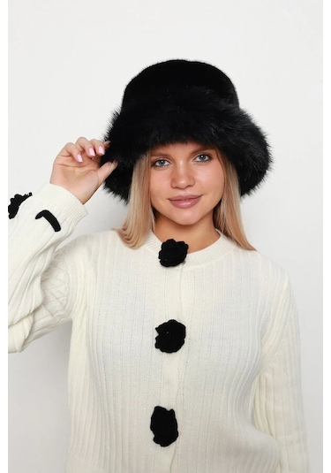 Kadın Peluş Bucket Kalpak Şapka 1143 Rkş-14 Siyah Siyah