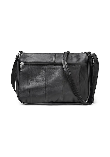 Hakiki Deri Fermuarlı Kapaksız Kadın Omuz Çantası Siyah