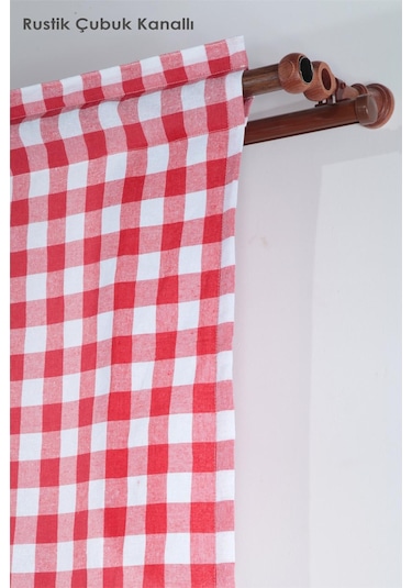 Naturel Potlu Ekose Tül Perde Retro Kırmızı