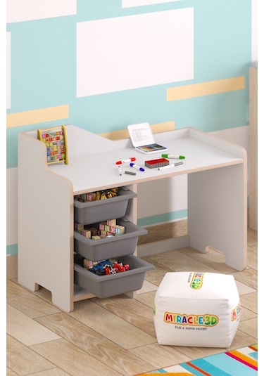 Miracle 3d Çocuk Çalışma Masası 90x45 Cm 3 Sepetli Çocuk Çalışma Masası Sandalye Yoktur Beyaz