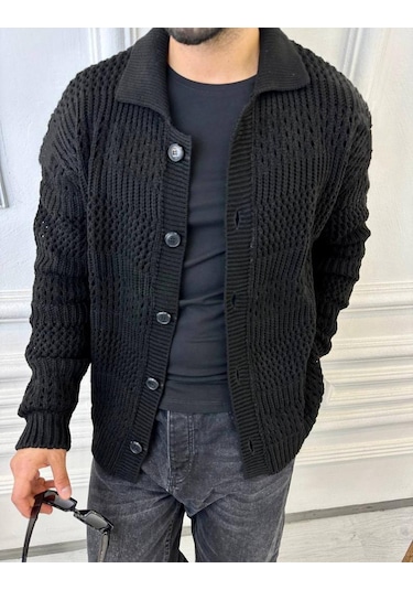 Elku Moda Hırka Oversize Özel Örgülü Triko Desenli Salaş Örgü Hırka Siyah