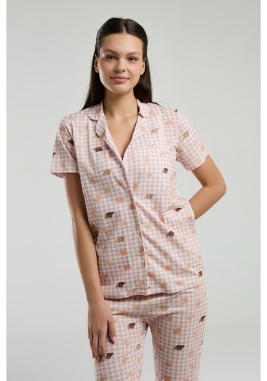 Roly Poly Kadın Gömlek Yaka Önden Düğmeli Kısa Kol Pijama Takım Beyaz