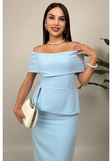 Vivenza Gül Detaylı Omuz Açık Kayık Yaka Uzun Mavi Abiye Elbise, Nişan Ve Davet Zarafeti Mavi