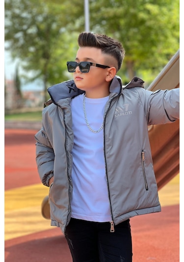 Erkek Çocuk Çıkarılabilir Kapüşonlu Baskılı Yakası Detaylı Kışlık Mont Km3501 Füme