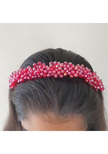 Kırmızı Kristal Boncuklu Gelin Tacı