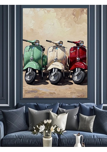 Ahşap Tablo Renkli Klasik Scooter Seti