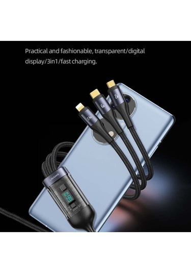 Usams Sj582 66w 3in1 Alüminyum Alaşımlı Şeffaf Dijital Ekran Hızlı Şarj Kablosu 1.2m