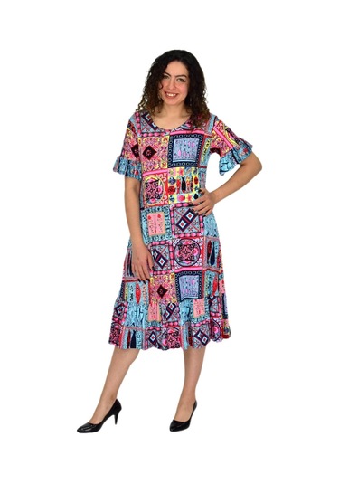 Kadın Kısa Kol Etek Valonlu Likralı Viskon Elbise Bgl-st04672 Mavi