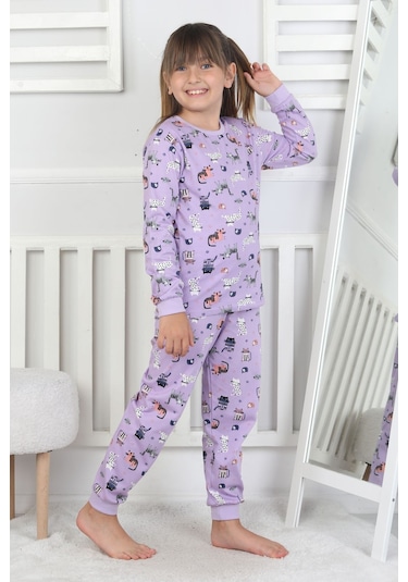 Uzun Kollu Cute Cat Desenli Kız Çocuk Pijama Takımı Mor