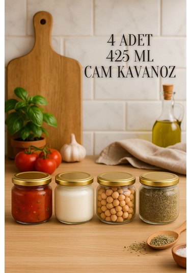 4 Adet 425 Ml Metal Konserve Kapaklı Yoğurt, Sosluk, Baharatlık, Menemen 425 Cc Cam Kavanoz Gold