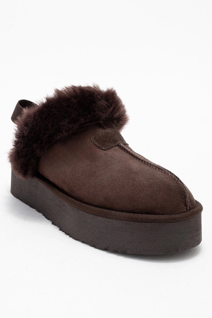 Olessa Kahverengi Hakiki Deri Süet Kadın Kürklü Terlik Kahverengi