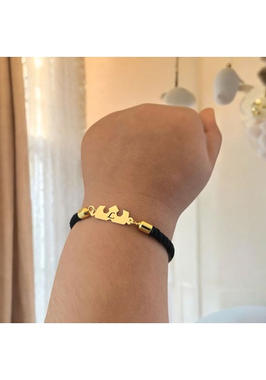 L Harfine Özel 14 Ayar Altın Plakalı Siyah İpek Örgülü Taç Figürlü Hediye Bileklik-507harf L