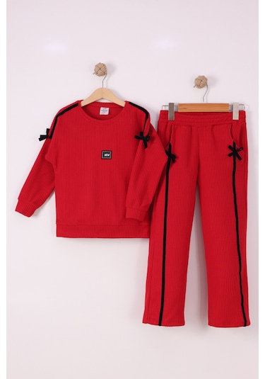 Monox Kız Çocuk Kurdale Detaylı Fitilli Polar Takım Kırmızı