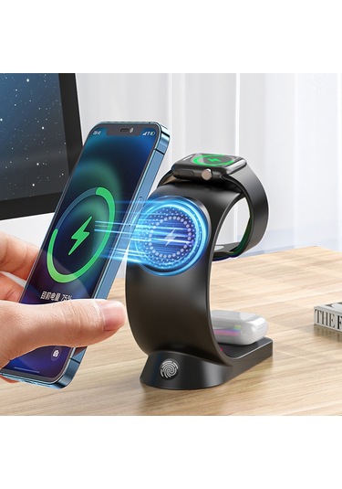 Butu 12/13/14/15 Serisi Masaüstü Hızlı Şarj Standı İçin T17 3'ü 1 Arada Rgb Işık Manyetik Kablosuz Şarj Cihazı Beyaz