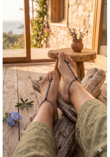 Boncuk Detaylı Halhal Çift Ayak Takısı Barefoot Sandal Siyah