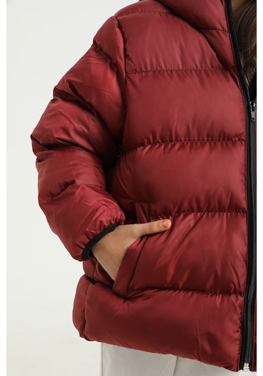 Kız Çocuk Bordo İçi Polarlı Kapüşonlu Su Geçirmez Rüzgara Dayanıklı Cepli Şişme Kışlık Mont Bordo