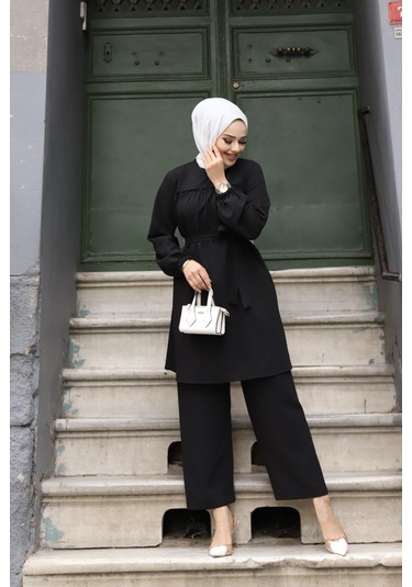 Fırfır Detaylı Tesettür Siyah Takım Siyah