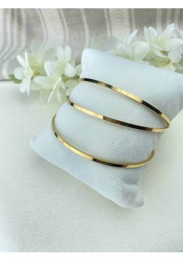 Çelik Bilezik Köşeli Ajda Model Üçlü Yüksek Kalite 316 L Paslanmaz Çelik Bileklik 22 Cm Gold